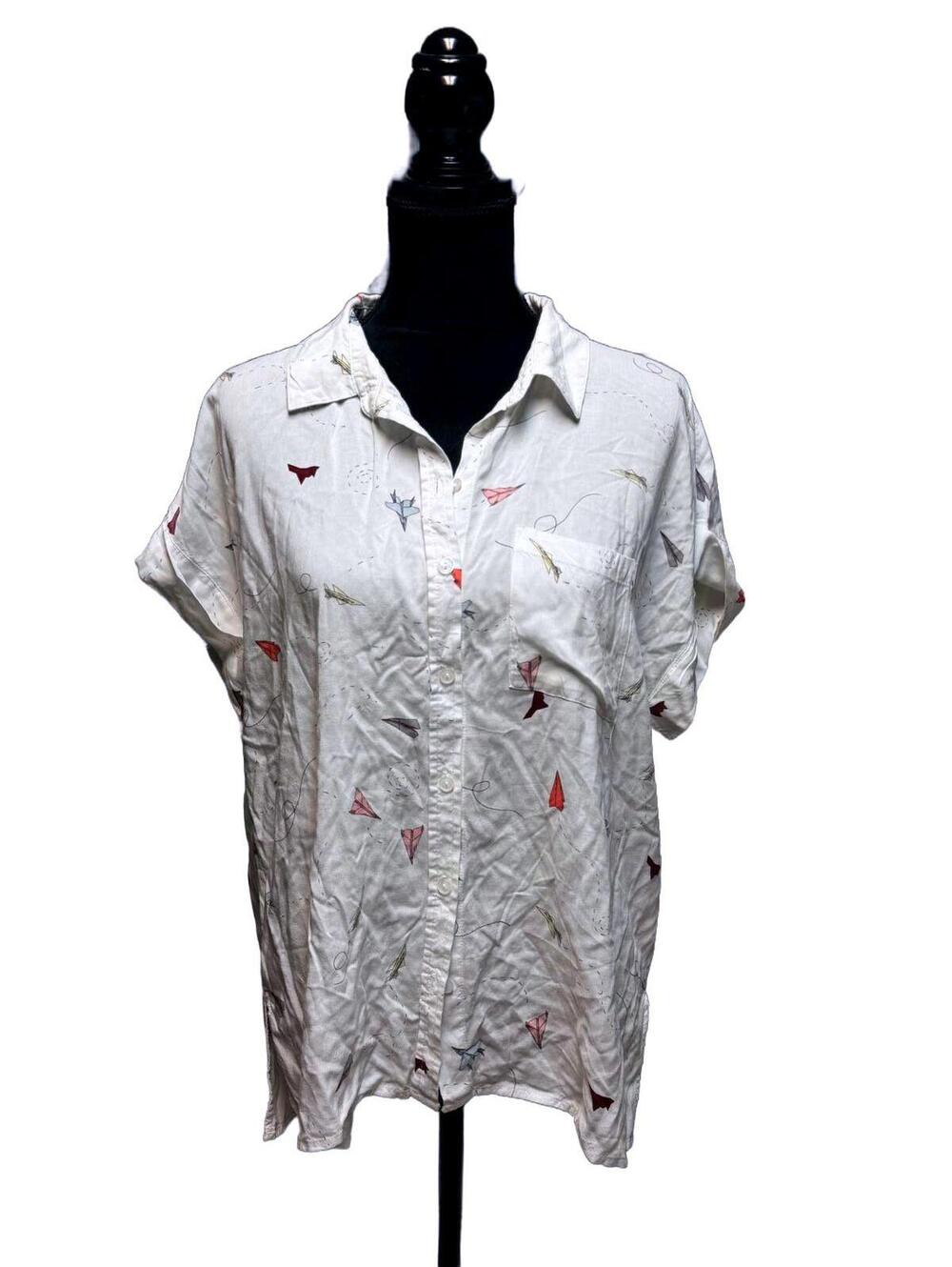 Vintage Bird Print Button Up Shirt White Red Novelty Cottagecore Short Sleeve L